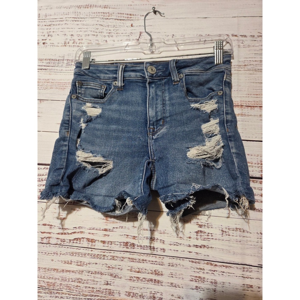 American Eagle Hi-Rise Shortie Distressed Denim Shorts Size 2 Blue Next Level